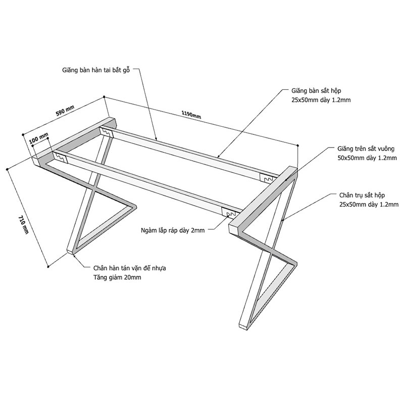 Chi tiết kích thuớc chân sắt hệ Xconcept cho bàn 120x60cm