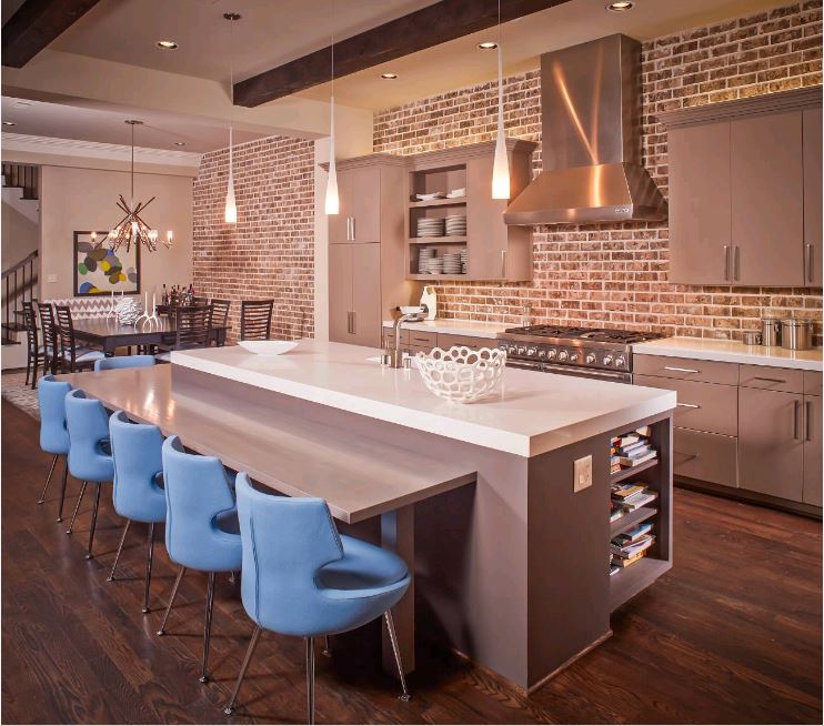 nội thất phòng bếp nhà ăn hiện đại với bức tường làm bằng gạch nung