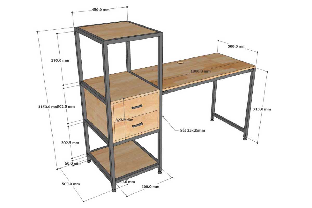 Kích thước bàn làm việc kết hợp với ngăn tủ