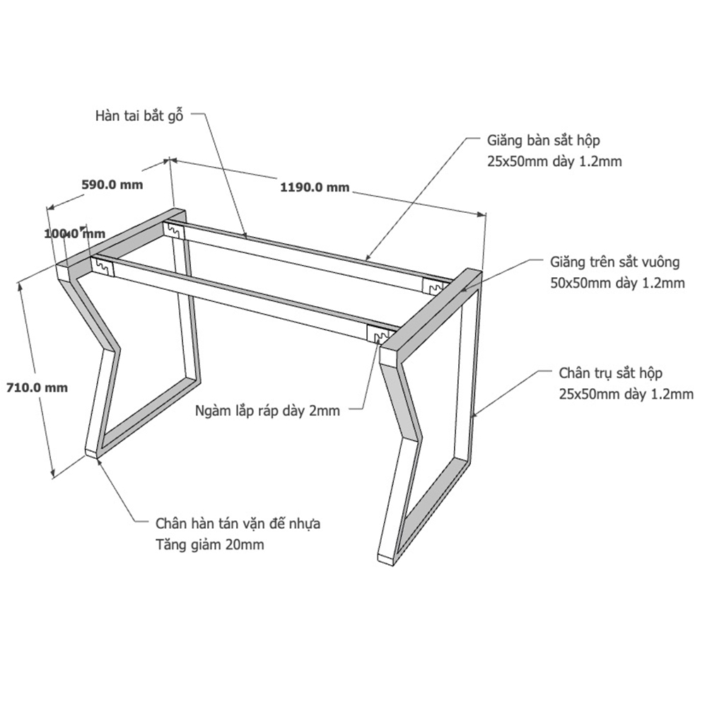 Kích thước chân bàn sắt hệ Mconcept cho bàn 120x60cm