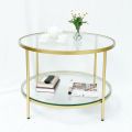 Bàn sofa tròn 2 tầng mặt kính khung vàng đồng TT68161