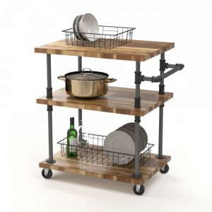 Xe đẩy 3 tầng ống nước sắt kết hợp gỗ tràm 60x45x80cm - PPF005