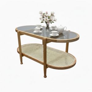 Bàn sofa Oval 2 tầng mặt kính 100x50cm gỗ tần bì TT68348