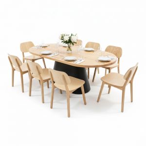 Combo bàn ăn Oval gỗ thông 200x100cm và 8 ghế PLC BBA230