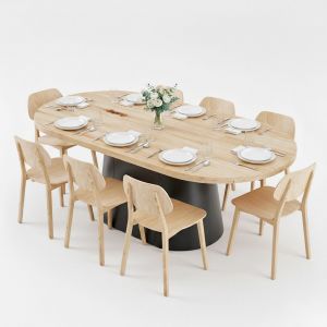 Combo bàn ăn Oval gỗ thông 200x100cm và 8 ghế PLC BBA230