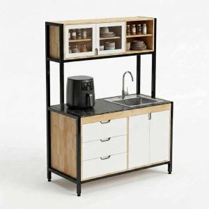 Kệ nhà bếp 126x60cm gỗ cao su mặt đá chân sắt KTB68274