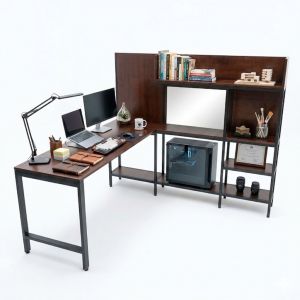 Bàn góc L liền kệ 185x180x145cm gỗ cao su FD68093
