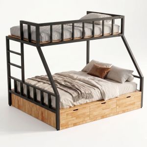 Giường tầng 3 người có hộc kéo gỗ cao su khung sắt - GT024