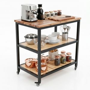 Kệ bếp di động 3 tầng 80x50x86cm gỗ tự nhiên khung sắt KB68106