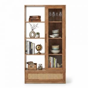 Kệ sách 91x40x180cm gỗ cao su cửa kính ngăn kéo lưới mây KS68379