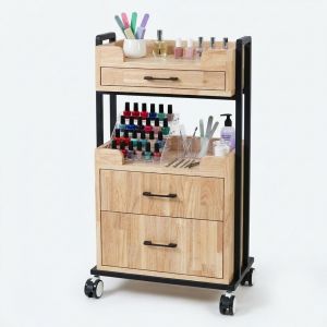 Kệ salon di động 50x30x90cm gỗ cao su khung sắt KTB68286