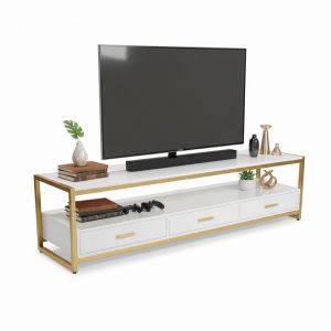 Kệ tivi 2 tầng có tủ mặt đá trắng khung màu vàng đồng KTV68063