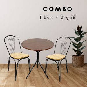 Bộ bàn cafe tròn 60 cm 2 ghế mặt gỗ lưng sắt CBCF049