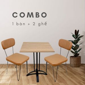 Combo Bàn Cafe Gỗ Plywood và 2 Ghế Nệm Chân Sắt Lap CBCF057