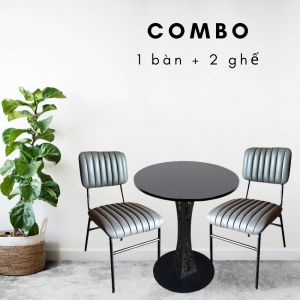 Combo Bàn Cafe Tròn 60cm Và 2 Ghế Cafe Nệm Xám CBCF071