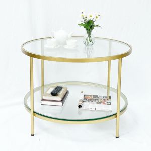 Bàn sofa tròn 2 tầng mặt kính khung vàng đồng TT68161