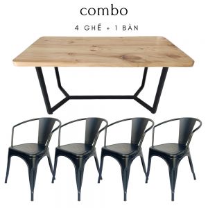 Bộ bàn ghế ăn gỗ thông tự nhiên và 4 ghế tolix CBBA053