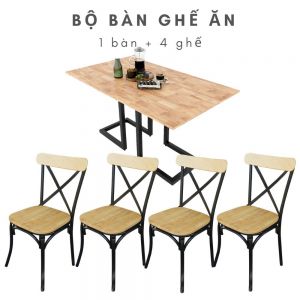 Bộ bàn ăn mặt gỗ chân sắt và 4 ghế có tựa lưng CBBA050