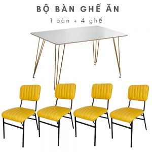 Bộ bàn ghế ăn chân mạ màu vàng và 4 ghế nệm da CBBA048