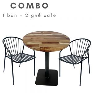 Combo Bàn Cafe Tròn 60cm Gỗ Tràm Và 2 Ghế Sắt CBCF075