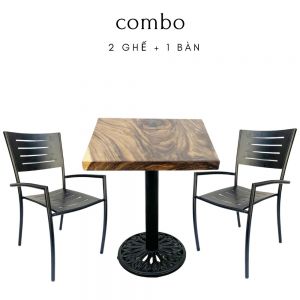 Bộ bàn ghế cafe gỗ me tây tự nhiên và 2 ghế sắt CBCF120