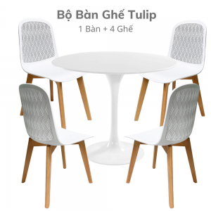 Bộ Bàn Tulip 80cm và 4 Ghế Nhựa Chân Gỗ CBBA063
