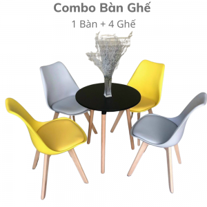 Bộ bàn cafe tròn chân gỗ và 4 ghế nệm nhiều màu CBCF167