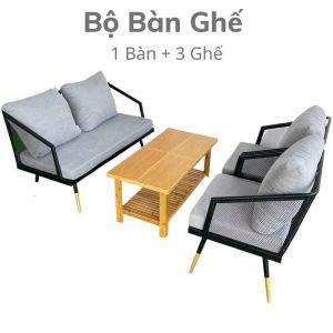 Bộ bàn ghế sofa nệm vải xám và bàn gỗ tre CBSF68020