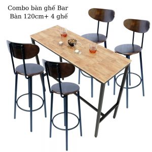Combo bàn bar 120x45cm và 4 ghế bar mặt gỗ CBCF184