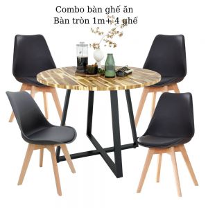 Combo bàn tròn 1m gỗ tràm và 4 ghế nệm Eames CBBA079