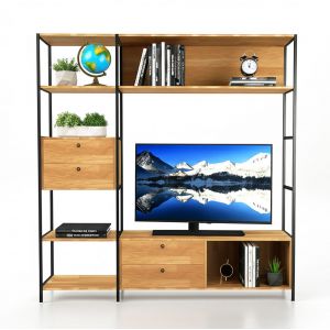 Kệ tivi kết hợp giá sách khung sắt mặt gỗ KTV68094