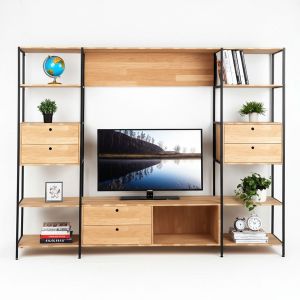 Kệ tivi kết hợp giá sách khung sắt mặt gỗ KTV68093