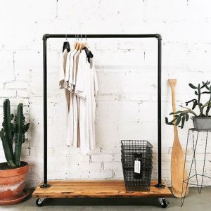 GQA68010 - Giá treo quần áo bằng ống nước kết hợp kệ gỗ có bánh xe di chuyển - 120x30x140 (cm)