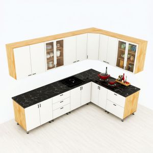 Hệ tủ bếp chữ L hiện đại gỗ tự nhiên BTB68019