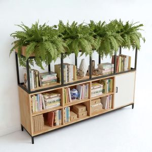 Kệ trang trí văn phòng khung sắt gỗ cao su có khay để cây cảnh TK053