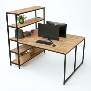 Bàn cụm 2 liền kệ gỗ cao su khung sắt lắp ráp HBMN045