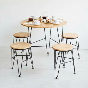 Combo bộ bàn ghế cafe tròn gỗ cao su chân sắt Hairpin CBCF258