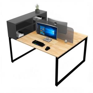 Bàn cụm 2 chỗ 150x120cm kèmkệ tài liệu gỗ cao su chân sắt HBRT075