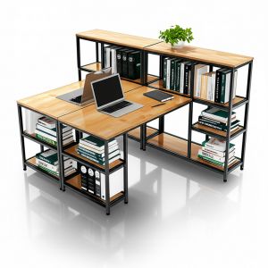 Cụm 2 bàn máy tính liền kệ để PC và máy in gỗ cao su khung sắt COD68054