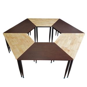 Cụm 6 bàn hình thang gỗ cao su chân sắt Cone HBCN025 Cụm 6 bàn hình thang gỗ cao su chân sắt Cone HBCN025