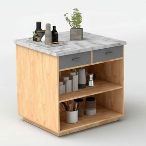 Bàn đảo bếp mini hình vuông 80x80x85cm gỗ cao su mặt đá KISL003 Bàn đảo bếp mini hình vuông 80x80x85cm gỗ cao su mặt đá KISL003