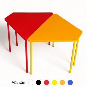 Cụm 2 bàn mầm non hình thang gỗ cao su chân sắt KGD040 Cụm 2 bàn mầm non hình thang gỗ cao su chân sắt KGD040