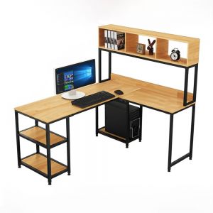 Bàn góc L liền kệ sách 160x140x158cm gỗ cao su khung sắt CD68029