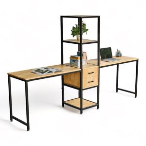 Cụm bàn làm việc 2 người kết hợp kệ sách 240x50cm gỗ cao su HBMN041 Cụm bàn làm việc 2 người kết hợp kệ sách 240x50cm gỗ cao su HBMN041