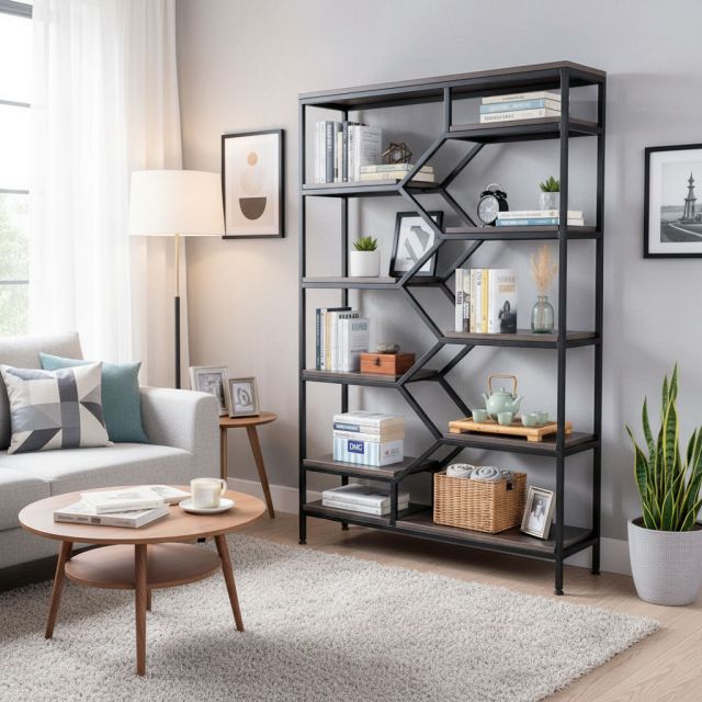 Kệ sách trang trí BEE-SHELF khung sắt gỗ cao su KTB68049