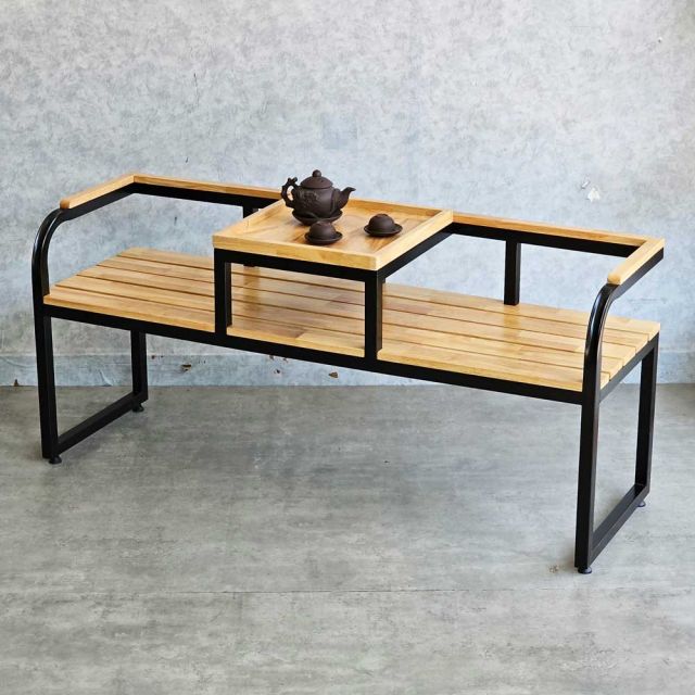 Ghế băng dài liền khay trà khung sắt mặt gỗ GBD031