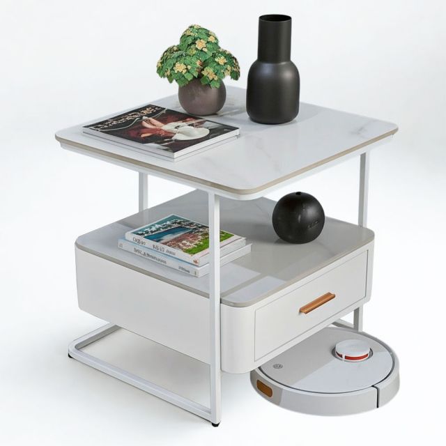 Bàn tab vuông có ngăn 55x55cm mặt đá chân sắt SST036