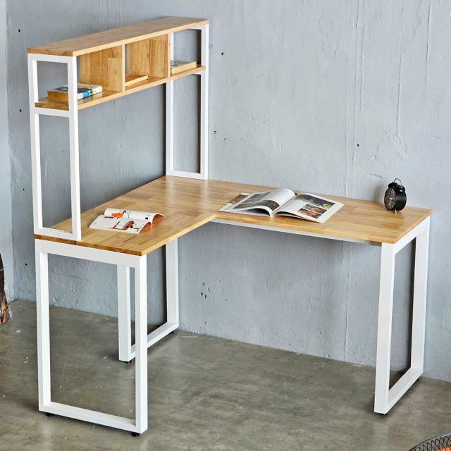 Bàn chữ L liền kệ sách 125x108cm gỗ cao su CD68031
