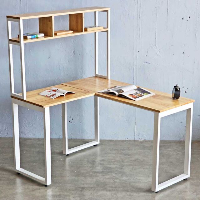 Bàn chữ L liền kệ sách 125x108cm gỗ cao su CD68031