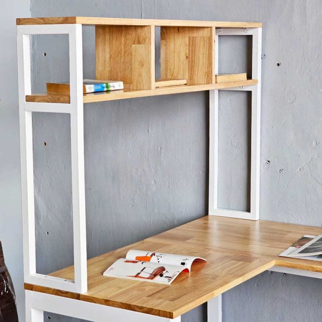 Bàn chữ L liền kệ sách 125x108cm gỗ cao su CD68031
